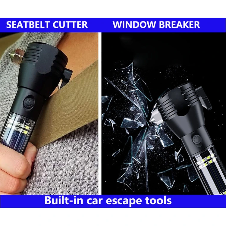 Solar Flashlight with Window Breaker and Seat Belt Cutter